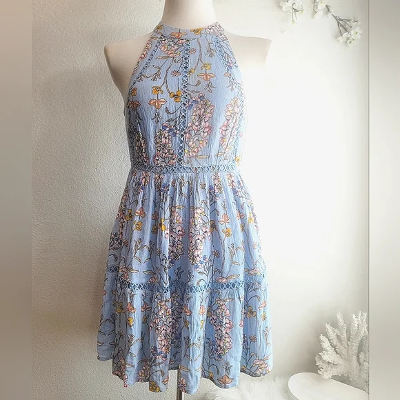 ABEL THE LABEL BLUE FLORAL FIT & FLARE JAASE BACKLESS HALTER MINI DRESS SZ SMALL - Picture 3 of 16